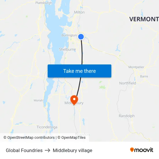 Global Foundries to Middlebury village map