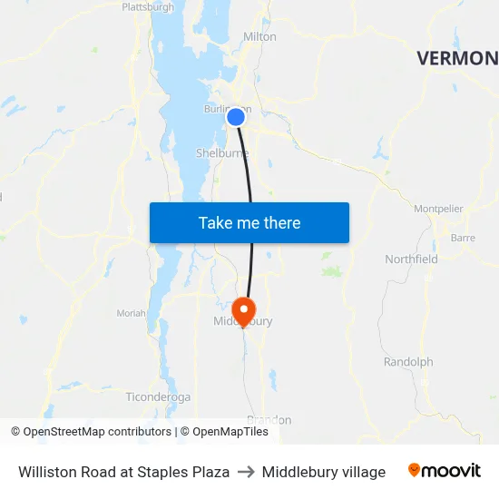 Williston Road at Staples Plaza to Middlebury village map