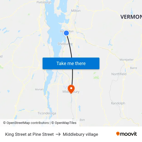 King Street at Pine Street to Middlebury village map