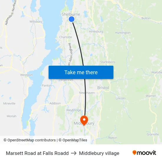 Marsett Road at Falls Roadd to Middlebury village map