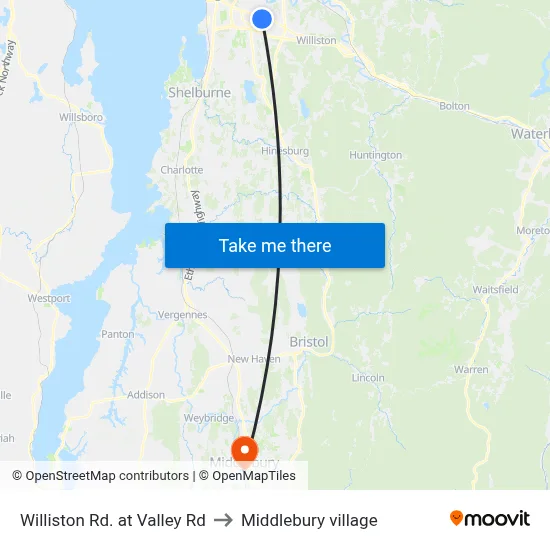 Williston Rd. at Valley Rd to Middlebury village map