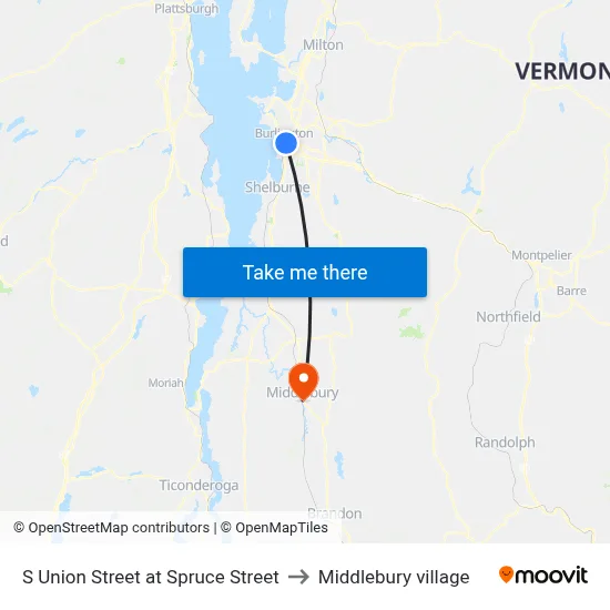 S Union Street at Spruce Street to Middlebury village map
