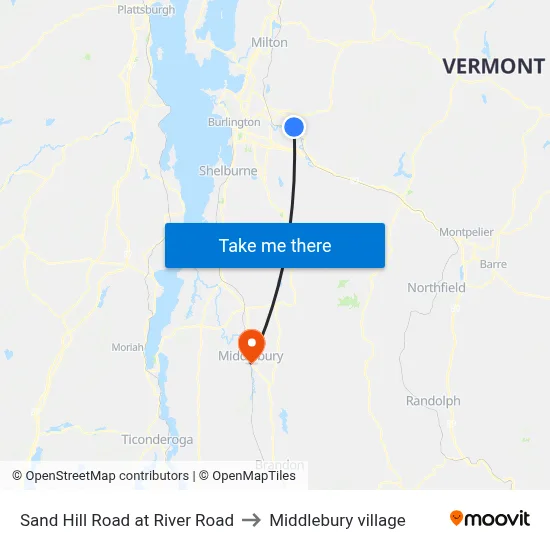 Sand Hill Road at River Road to Middlebury village map