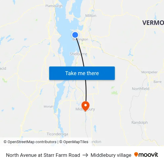North Avenue at Starr Farm Road to Middlebury village map