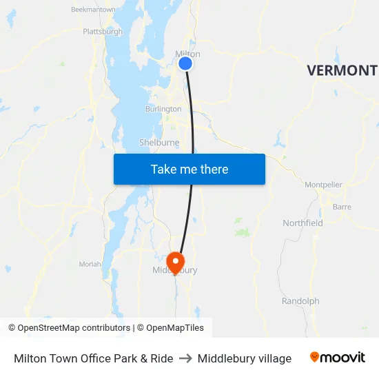Milton Town Office Park & Ride to Middlebury village map