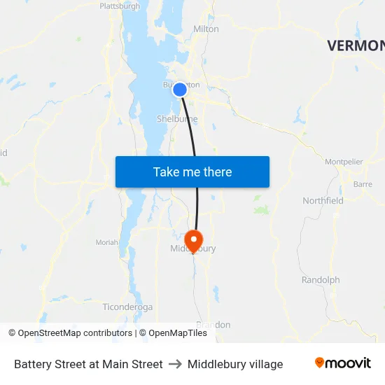 Battery Street at Main Street to Middlebury village map