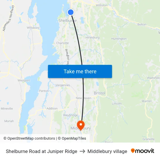 Shelburne Road at Juniper Ridge to Middlebury village map