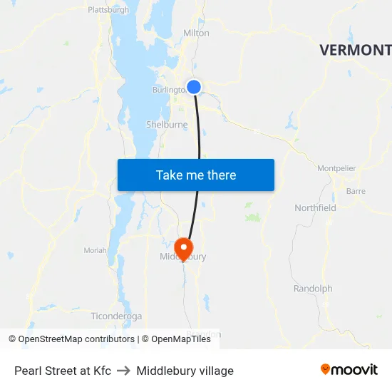 Pearl Street at Kfc to Middlebury village map