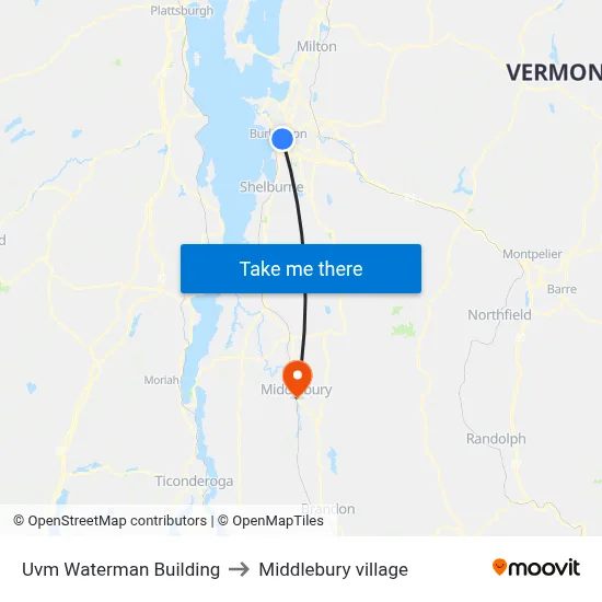Uvm Waterman Building to Middlebury village map