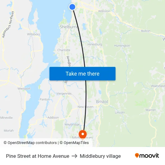 Pine Street at Home Avenue to Middlebury village map