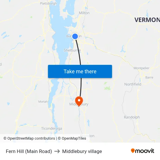 Fern Hill (Main Road) to Middlebury village map