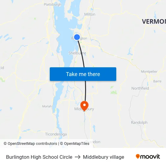 Burlington High School Circle to Middlebury village map
