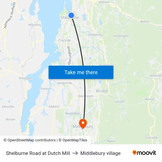 Shelburne Road at Dutch Mill to Middlebury village map