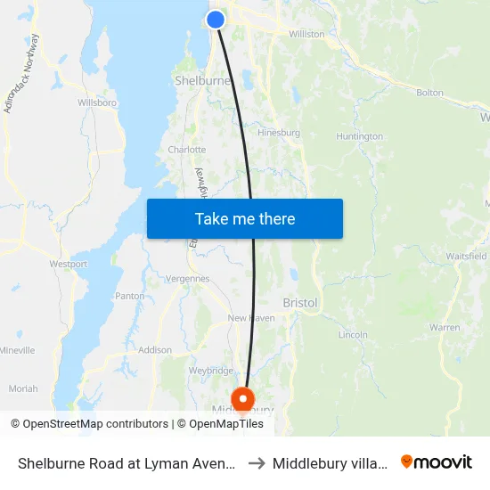 Shelburne Road at Lyman Avenue to Middlebury village map