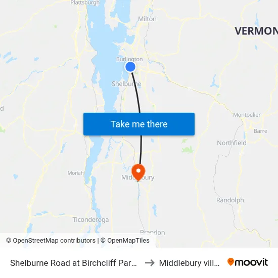 Shelburne Road at Birchcliff Parkway to Middlebury village map