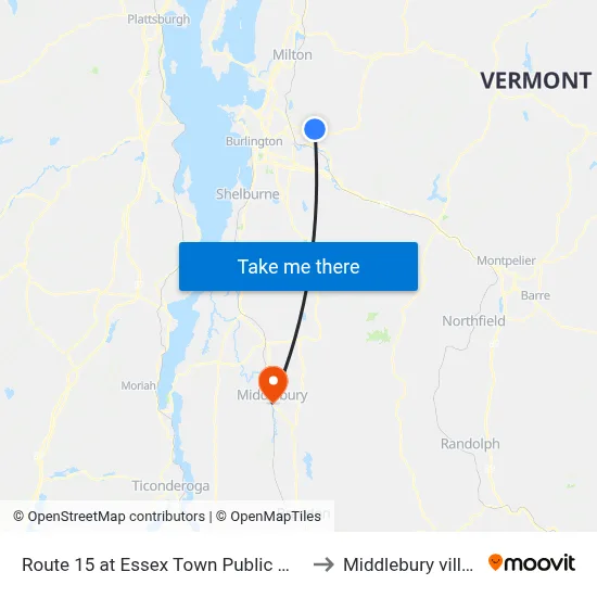 Route 15 at Essex Town Public Works to Middlebury village map