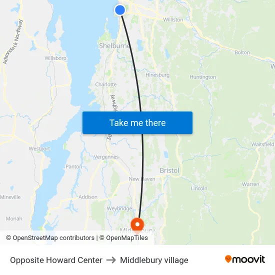 Opposite Howard Center to Middlebury village map