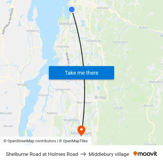 Shelburne Road at Holmes Road to Middlebury village map