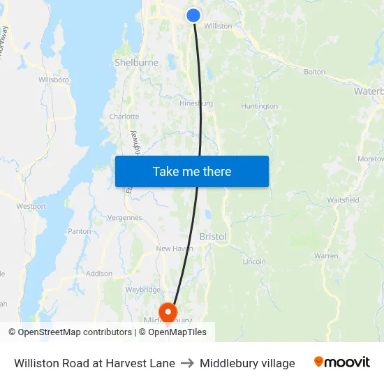 Williston Road at Harvest Lane to Middlebury village map