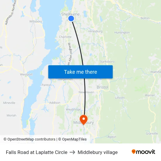 Falls Road at Laplatte Circle to Middlebury village map
