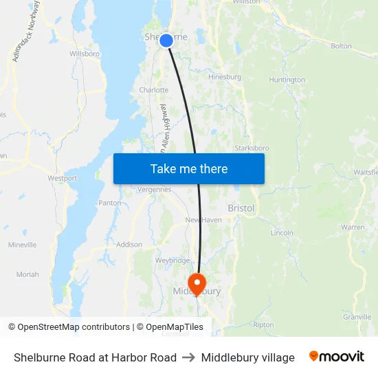Shelburne Road at Harbor Road to Middlebury village map