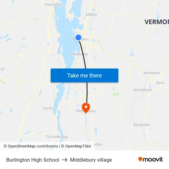 Burlington High School to Middlebury village map