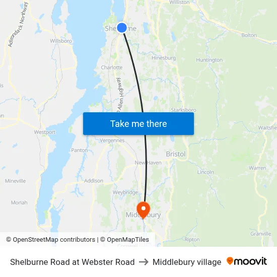 Shelburne Road at Webster Road to Middlebury village map
