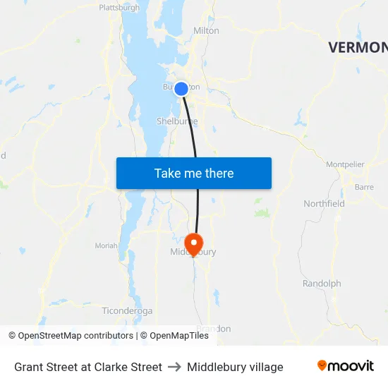 Grant Street at Clarke Street to Middlebury village map