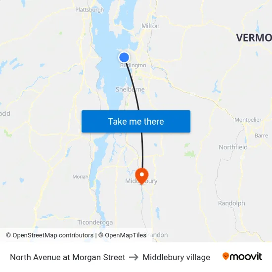 North Avenue at Morgan Street to Middlebury village map