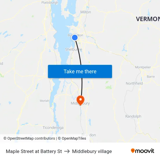 Maple Street at Battery St to Middlebury village map