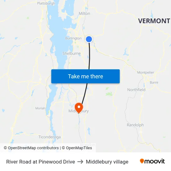 River Road at Pinewood Drive to Middlebury village map