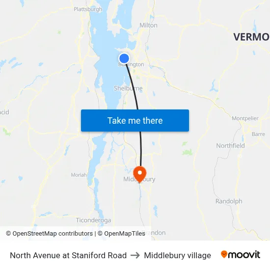 North Avenue at Staniford Road to Middlebury village map