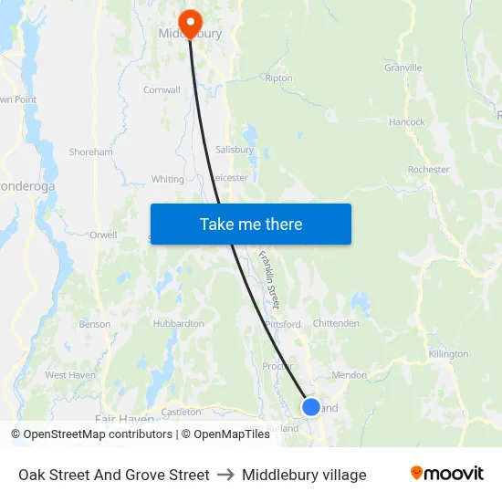 Oak Street And Grove Street to Middlebury village map