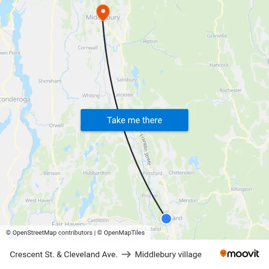 Crescent St. & Cleveland Ave. to Middlebury village map