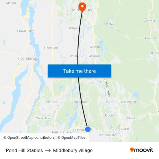 Pond Hill Stables to Middlebury village map