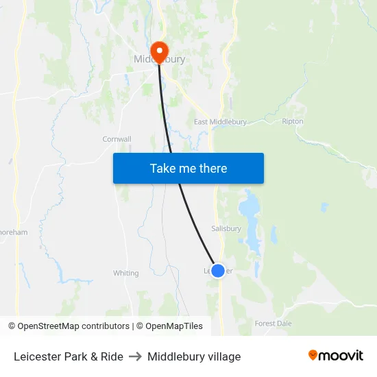 Leicester Park & Ride to Middlebury village map