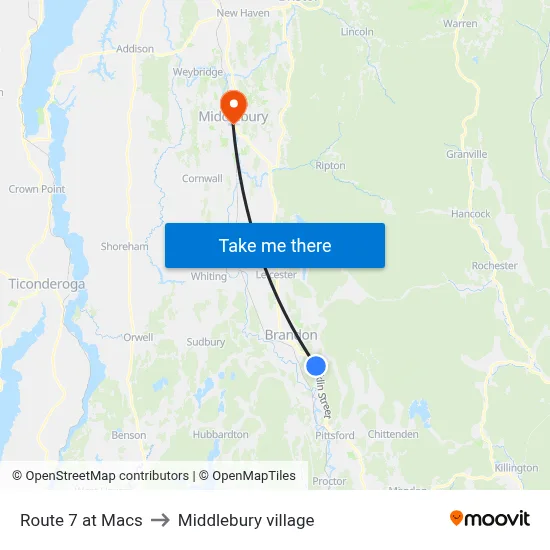Route 7 at Macs to Middlebury village map