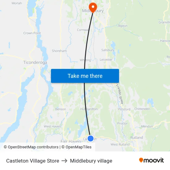 Castleton Village Store to Middlebury village map