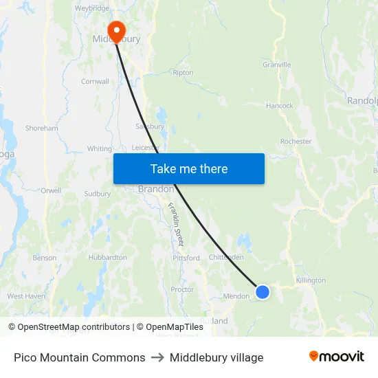 Pico Mountain Commons to Middlebury village map