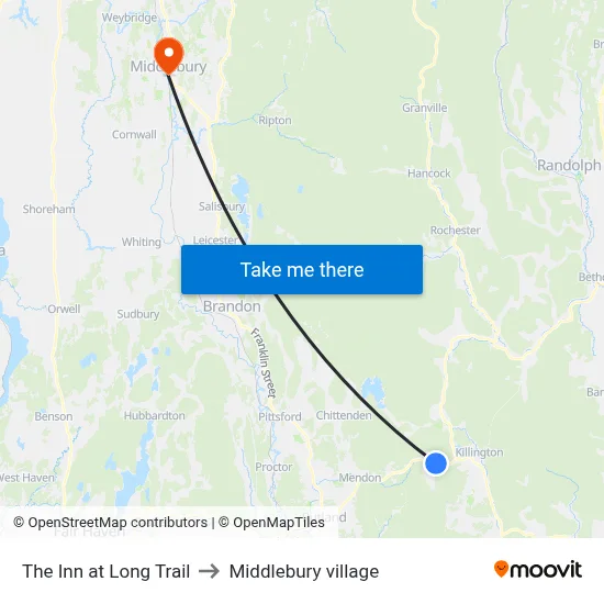 The Inn at Long Trail to Middlebury village map