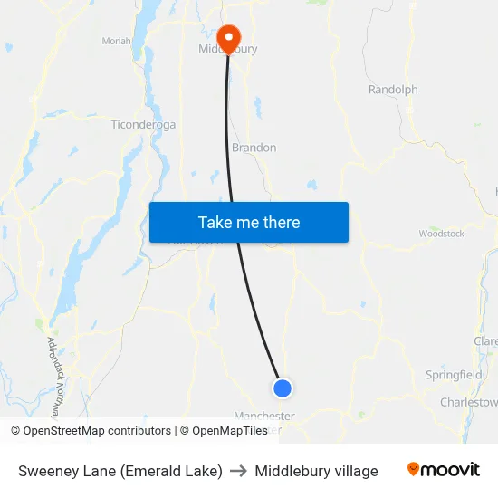 Sweeney Lane (Emerald Lake) to Middlebury village map