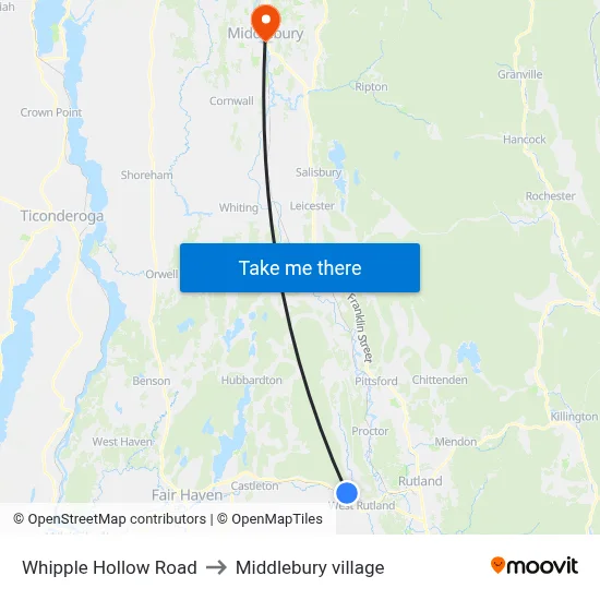 Whipple Hollow Road to Middlebury village map