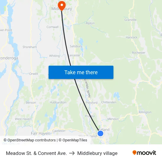 Meadow St. & Convent Ave. to Middlebury village map