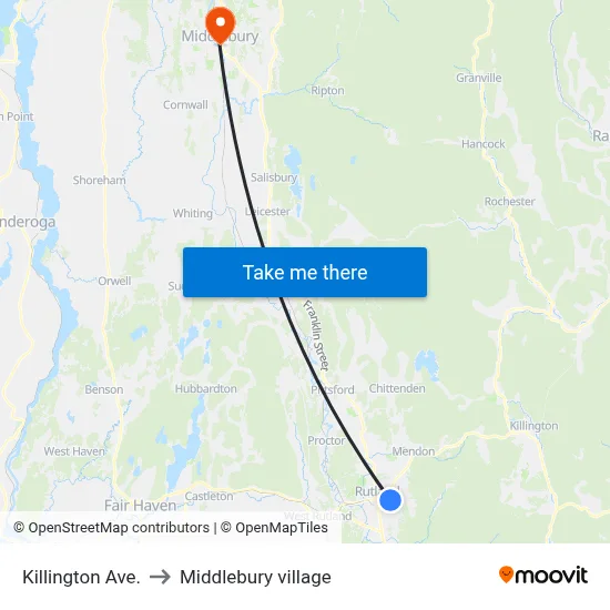 Killington Ave. to Middlebury village map