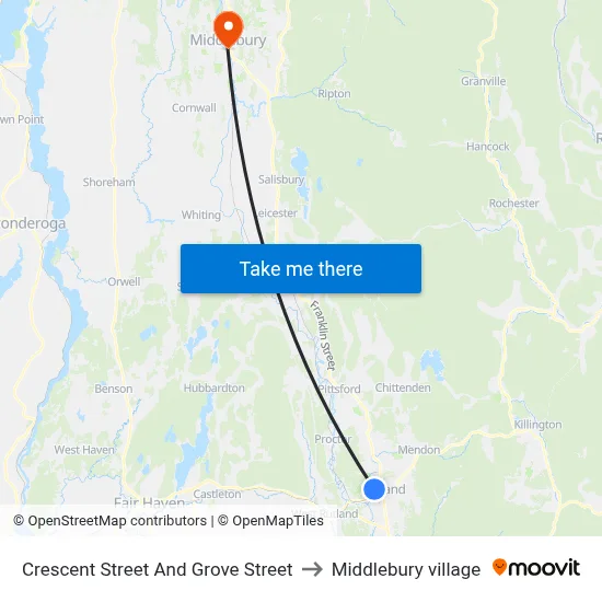 Crescent Street And Grove Street to Middlebury village map