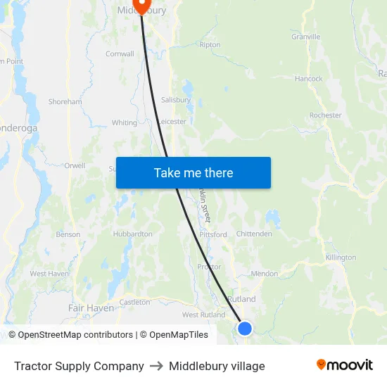 Tractor Supply Company to Middlebury village map