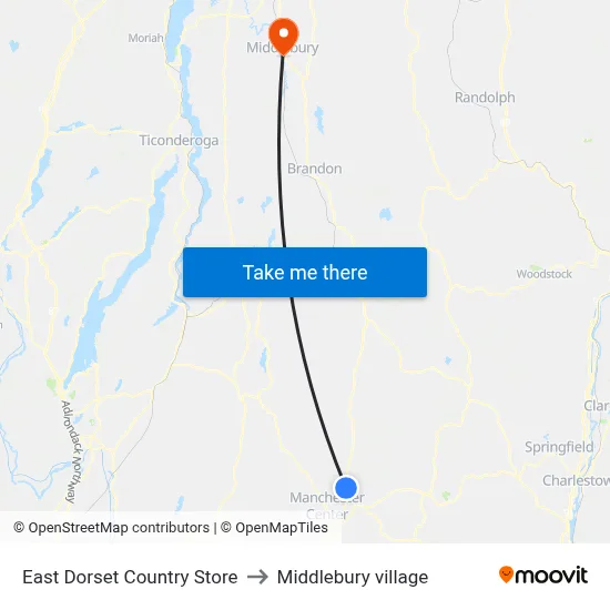 East Dorset Country Store to Middlebury village map