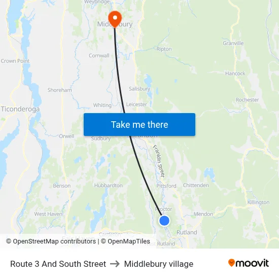 Route 3 And South Street to Middlebury village map