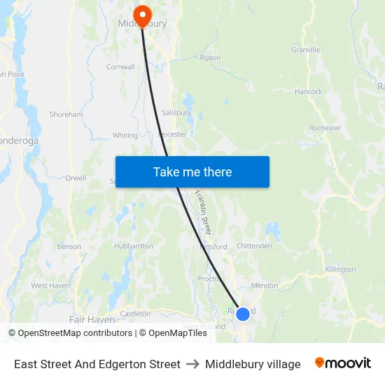 East Street And Edgerton Street to Middlebury village map
