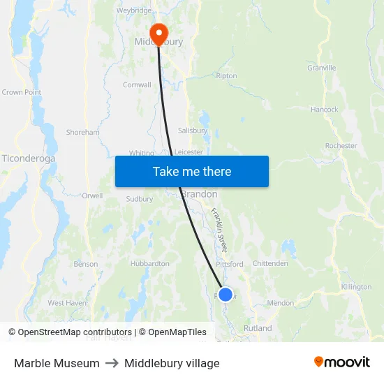 Marble Museum to Middlebury village map